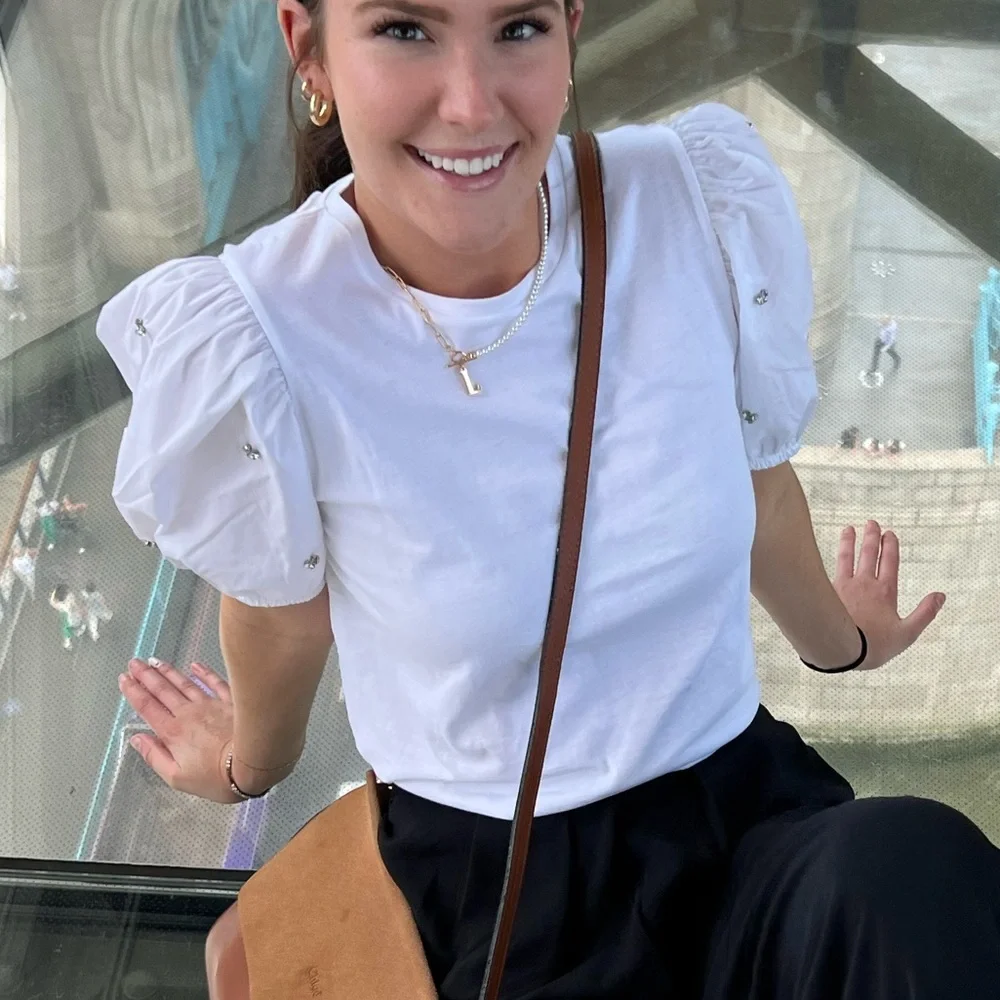 White Zara blouse with puff sleeves and rhinestones